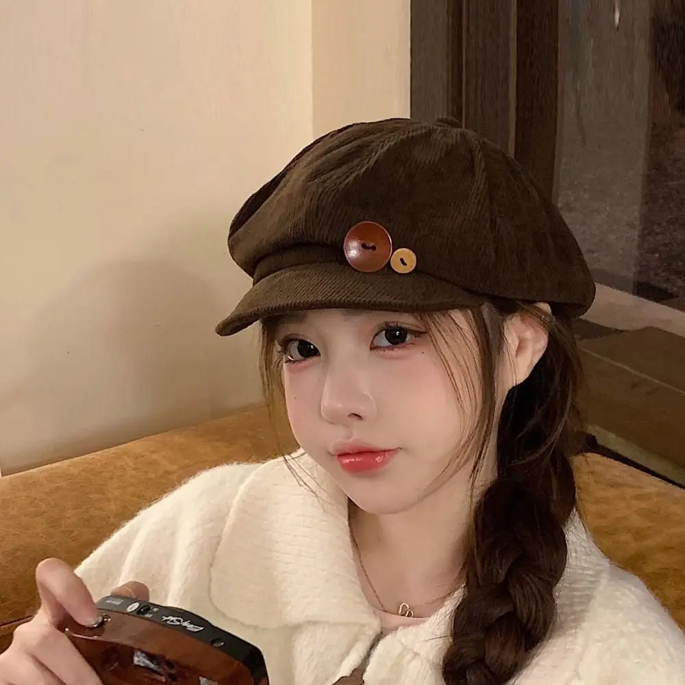 Casual Double Button Decoration Corduroy Baseball Caps Windproof Keep Warm Octagonal Hat Adjustable Beret Newspaper Hat Outdoor