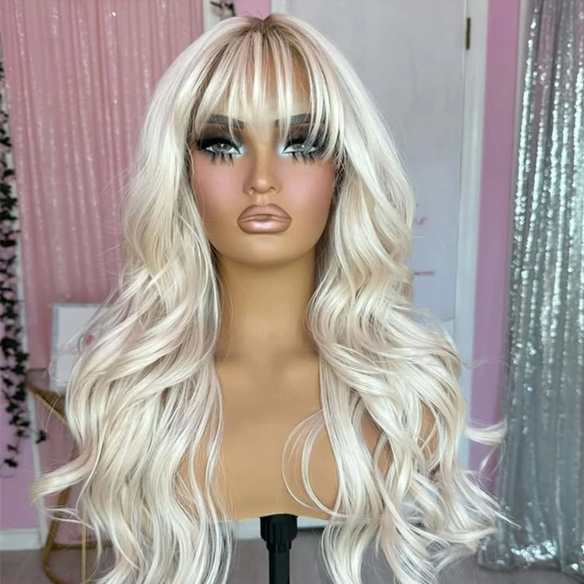 Weiße Platinblonde Vollspitzenperücke mit Pony, Europäisches Echthaar, Natürlicher Haaransatz, Ombre, Kleberlos, 360 13x6 Spitzenfrontperücke mit Pony – Detail 3