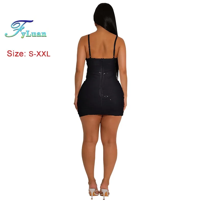 Vestido corto Sexy de Color liso para mujer, vestido con tirantes, cintura recortada, decoración de lentejuelas, Mini vestido de mujer a la moda para fiesta de cumpleaños