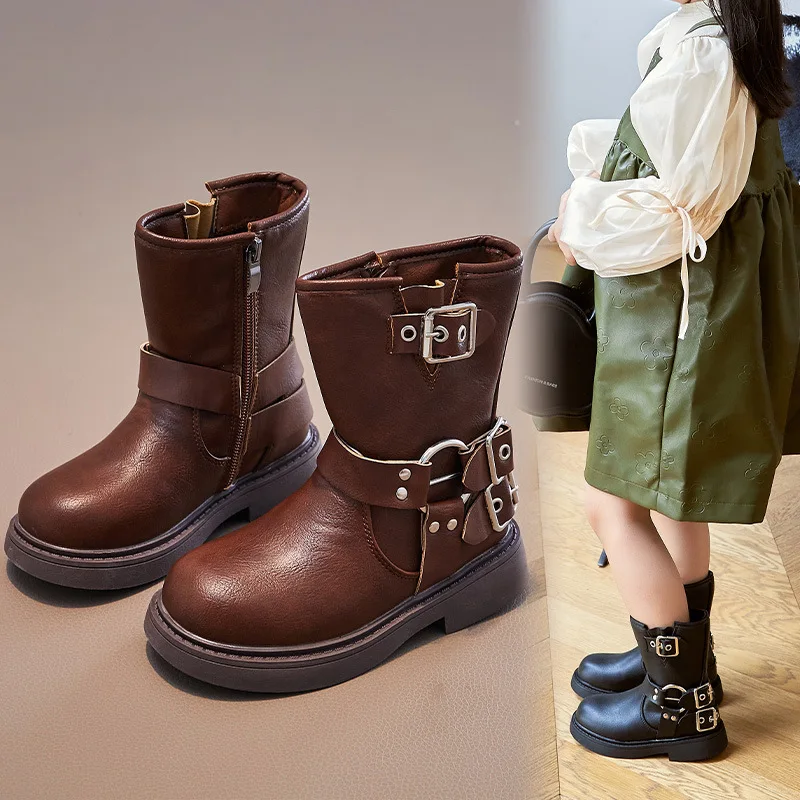 

2025 Spring Autumn Boys and Girls Children Chelsea Boots Buckle Classic Buckle Britain Style Retro Kids Non-slip PU Short Boots