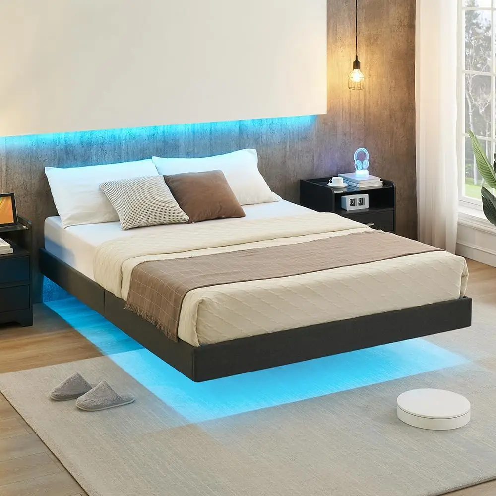 Full Bed Frame with Led Lights, Modern Full Size, Upholstered Platform Bed Frame, No Box Spring Needed, Easy Assembly, Gray