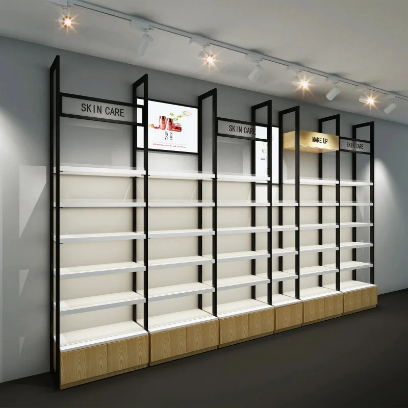 custom.Wooden Skin Care Display Shelf Beauty Supplies Store Cosmetic Shops Name Display Cabinet Business Metal Painting Customiz
