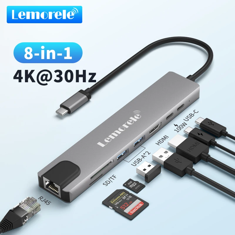 Lemorele 8 in 1 USB-C Laptop Docking Station with 4K 60 Hz HDMI RJ45 100M SD TF Card Reader, USB-C Hub for Tablet Projector TV