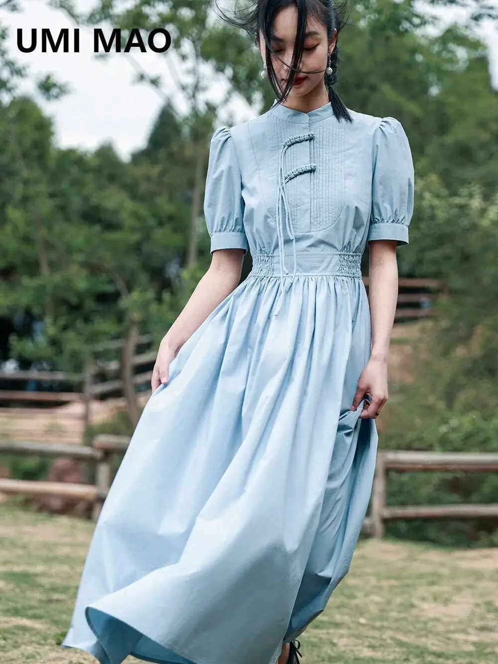 

UMI MAO Large Swing Dress New Chinese Waist Wrapped Shirt Dress Elegant Women Summer Heavy Work Sweet Cool Slim Dresses Femme