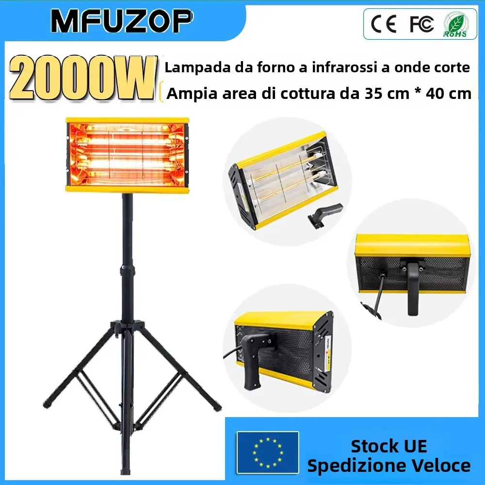 Lampada di Polimerizzazione a Infrarossi a Onde Corte MFUZOP 2000W, Lampada Riscaldante Portatile per Verniciatura, Asciugatore per Pellicole per Riparazione Carrozzeria Auto, 220V con Spina EU