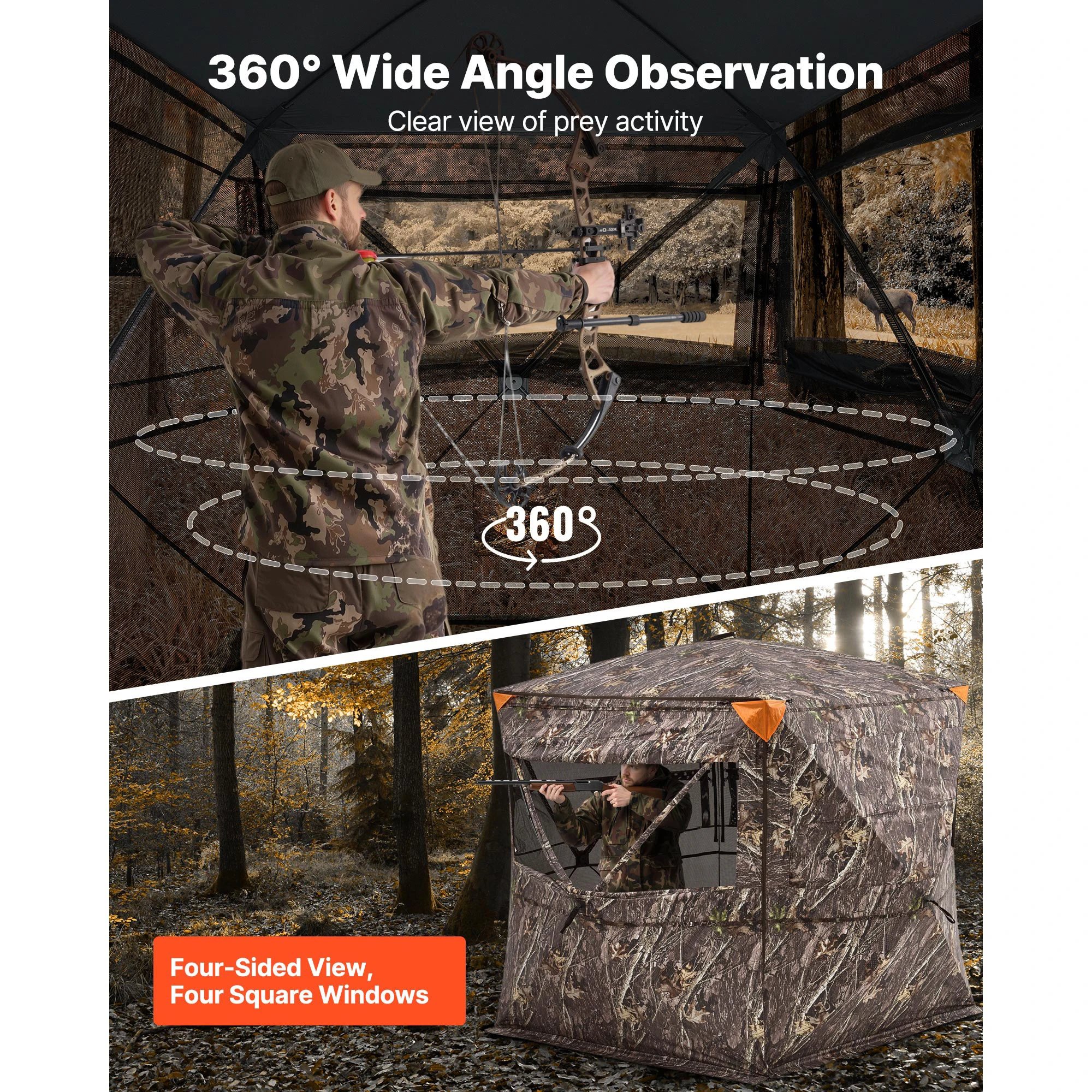 Hunting Blind, 4-5 Person See Through Ground Blinds with Carrying Bag, 360 Degree Portable Camouflage Tent, Durable Concealed Shelter with Silent Zipper Door and Window, Designed for Turkey and Deer