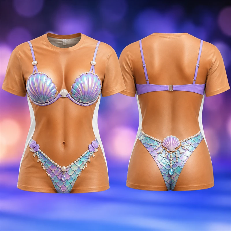 Summer Funny Food Fruit Bikini 3D Full Print T‑Shirt Unisex Optical Illusion Short Sleeve Tee Costume Top For Halloween Party