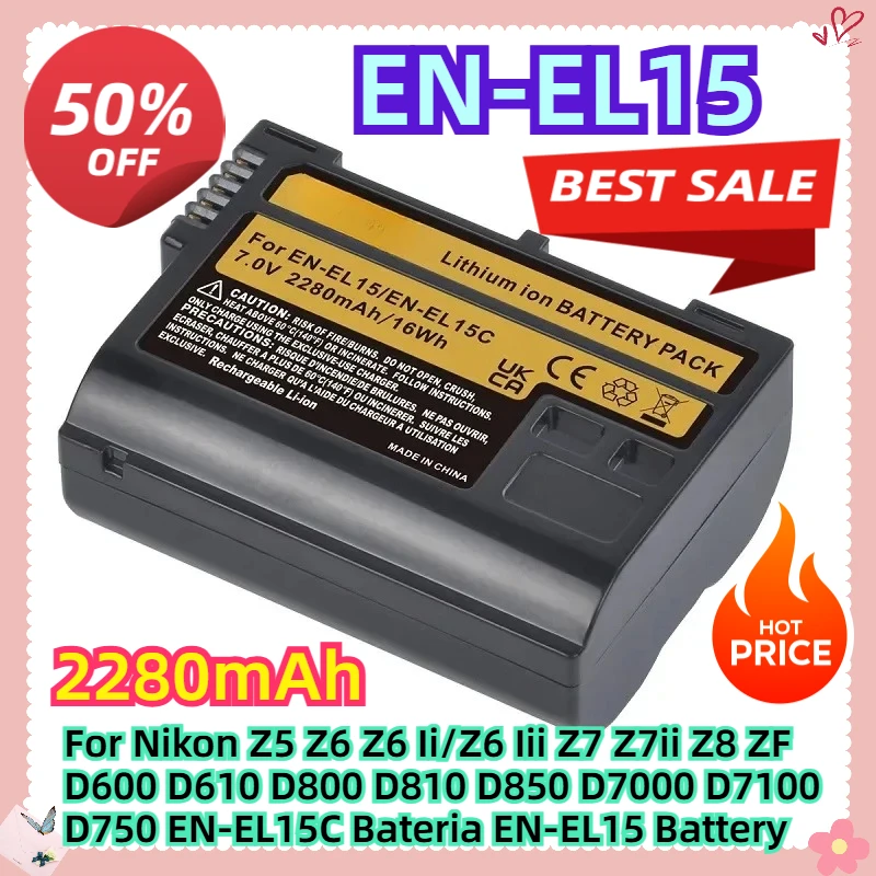 

For Nikon Z5 Z6 Z6 Ii/Z6 Iii Z7 Z7ii Z8 ZF D600 D610 D800 D810 D850 D7000 D7100 D750 2280mAh EN-EL15C Bateria EN-EL15 Battery
