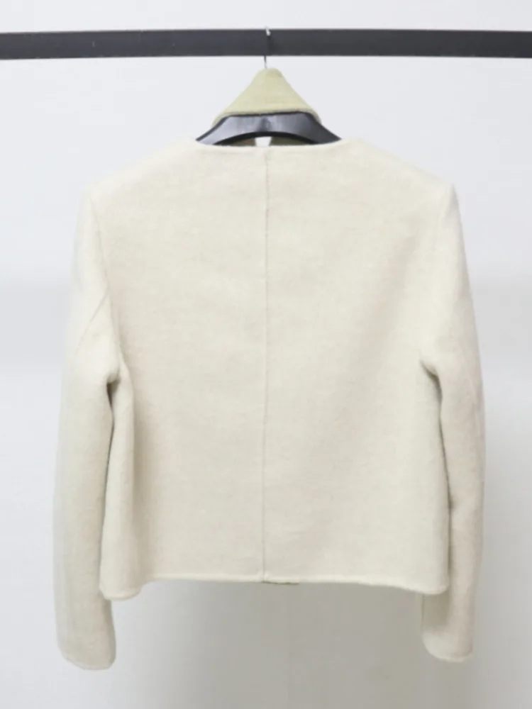 ZMEENNA 여성용 우아한 짧은 울 혼합 코트 재킷 칼라리스 디자인, 대비 색상 스카프 미니멀리스트 캐주얼 ZM4547