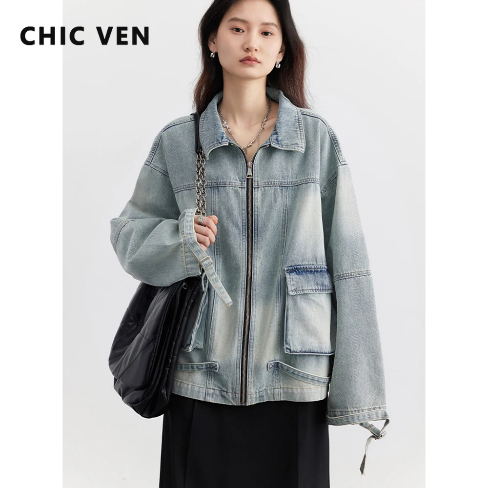 

CHIC VEN Women Jacket Loose Casual Blue Cotton Denim Jack for Woman New outerwear Female Overcoat Cowboy Coat Spring Autumn 2024