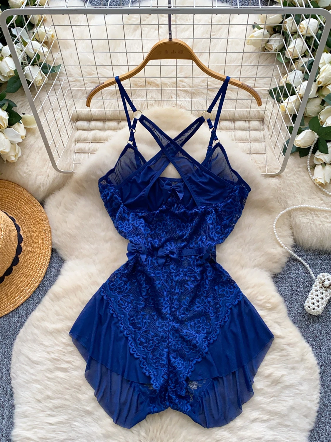

Women's Blue Lace Playsuits Y2k Vintage Off Shoulder Overall Bodysuits Sissy Exotic Sexy Hollow Swimwear Rompers Coquette Summer
