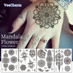 VeeCharm-tatuajes temporales de Henna negra para mujer, encaje/Bohemia/Flor de Mandala, tatuajes de manga falsa, arte corporal, hoja de 1/9