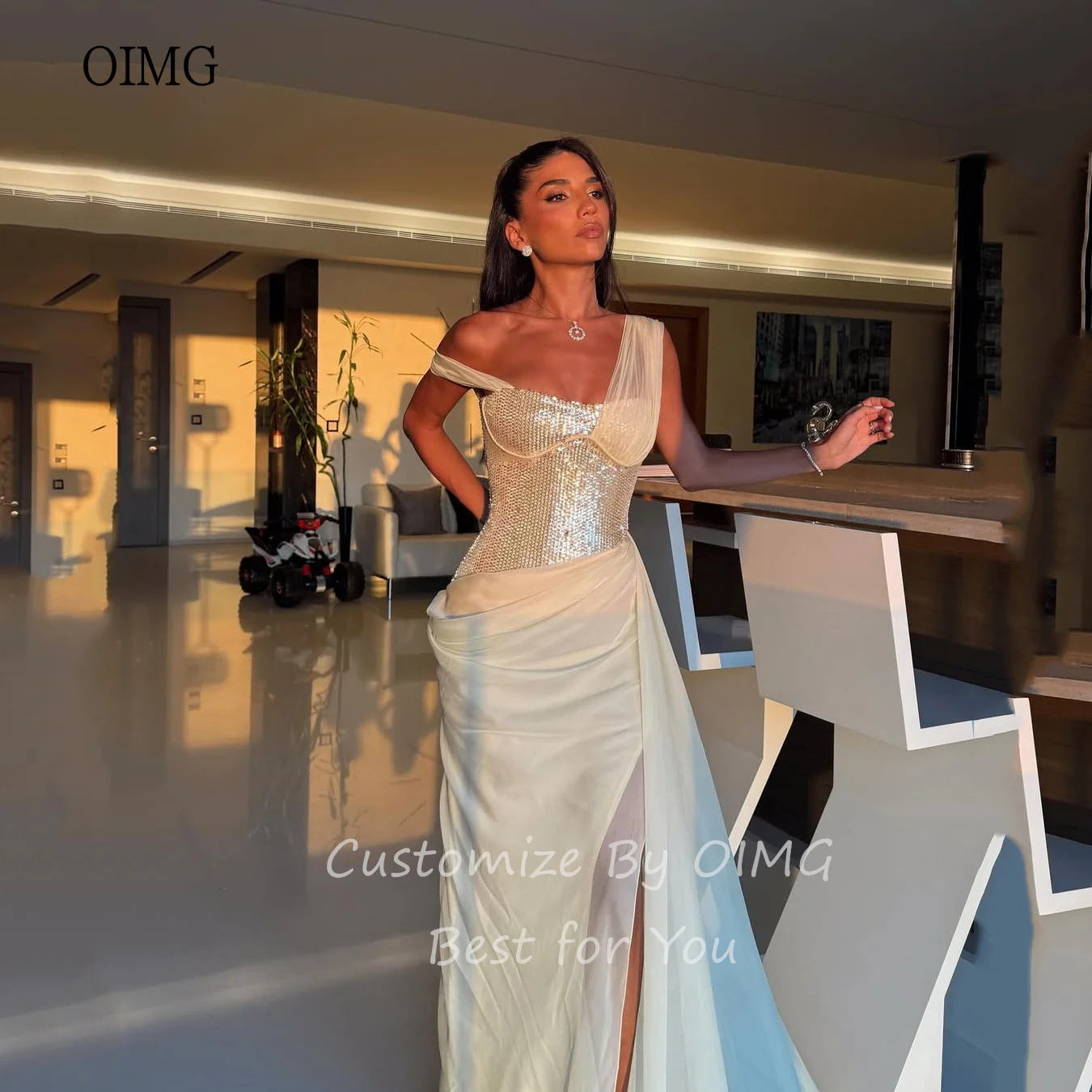 Oimg na moda fora do ombro amarelo sereia vestidos de baile glitter sem costas formal vestido de festa fenda lateral vestido de noite personalizado