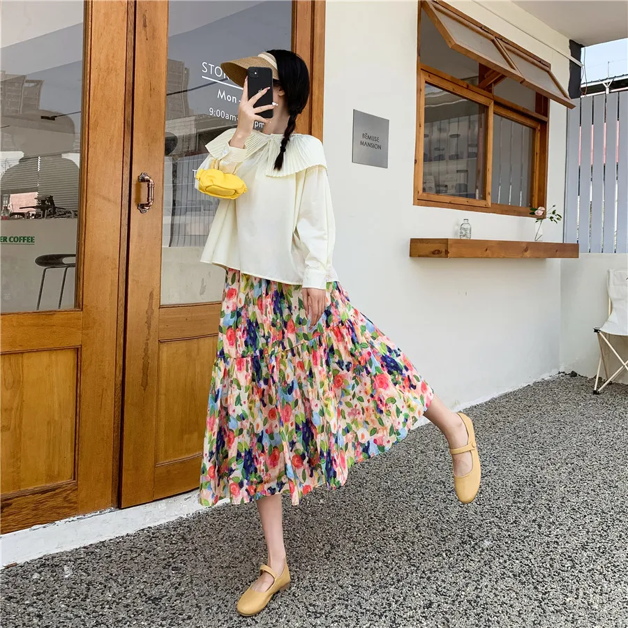 Spring Women's Medium Length Cotton Sweet Fresh Print Lotus Leaf Side Skirts Temperament Loose Elegant Vintage Dress Vestidos