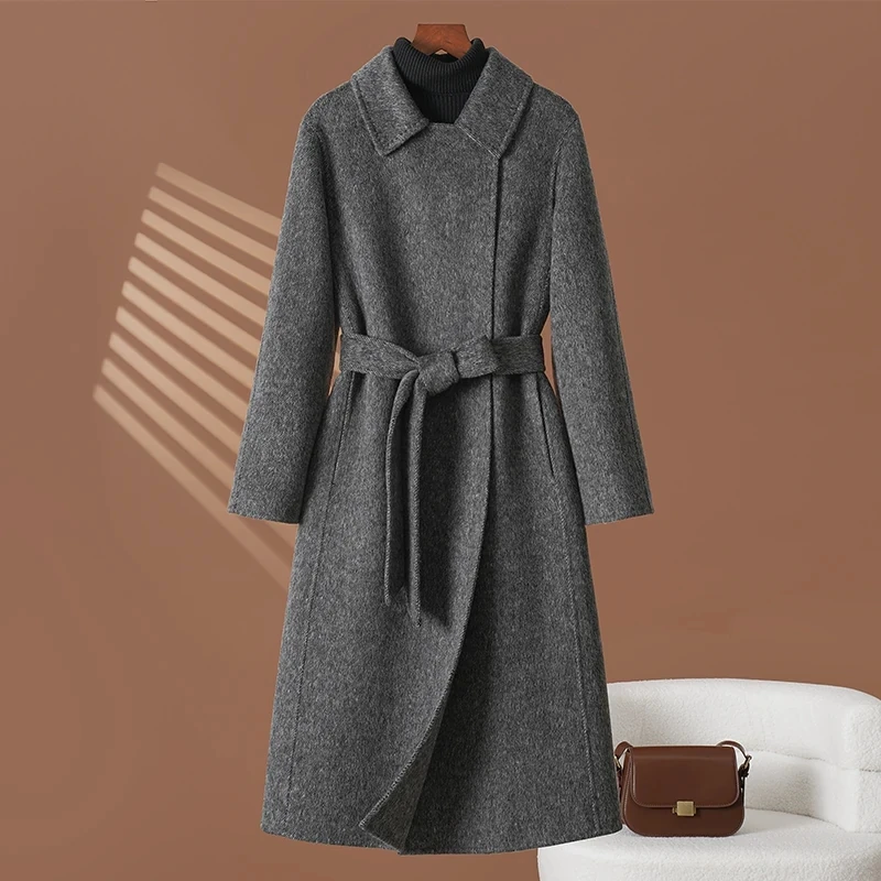 High end Double-sided Cashmere Coat Women's Knee length 2027 Autumn Winter New Fashion Temperament Warm Wool Overcoat With belt