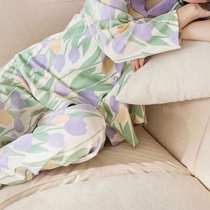 Dames Pyjama Set Lente En Herfst Elegante Tulpenprint Nachtkleding Met Lange Mouwen Nieuwe Koreaanse Mode Losse Homewear Tweedelig Pak