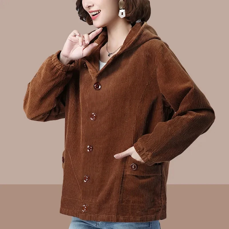 Solid Color Spring Autumn Corduroy Jacket Women\'s 2022 Winter Outwear Velvet Thick Simple Loose Jacket Mother  Hooded Warm Coat