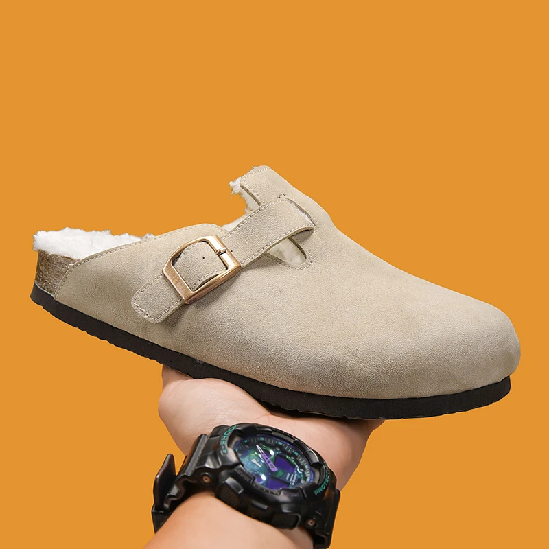 Plush Leather Clogs for Men Mules Slide Sandals Half Shoes Man Open Back Loafer Slippers Fur Lined Winter  Platform Casual Shoes