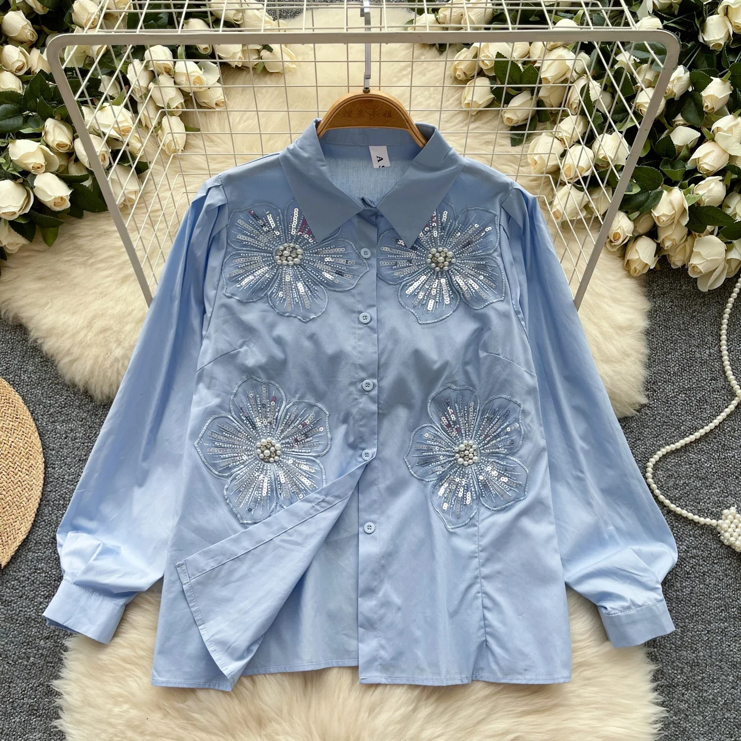 Vintage Polo-neck Long Sleeve Single Breasted Chic Rhinestone Floral Embroidered Slim Top Korean Women High Street Autumn Blouse