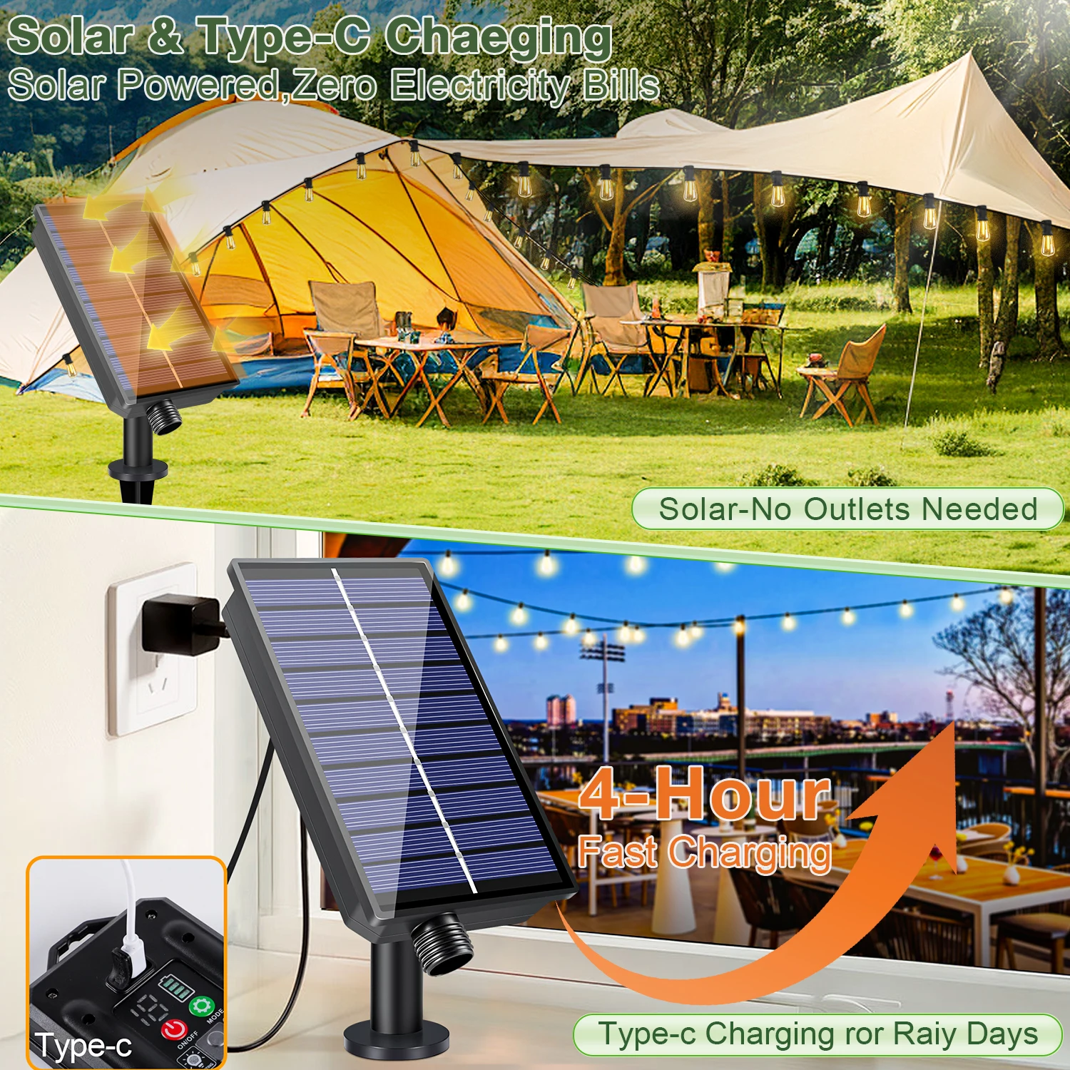 Shatterproof ST38 Solar String Lights Outdoor Waterproof with Remote Control Waterproof IP44 8 Modes USB Charging Solar Power