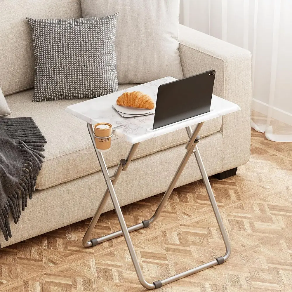 Portable Folding TV Tray Table Set, 2-Piece White Marble Style, with Cup Holders for Snacks, Ideal for Couch and Living Room, Sp