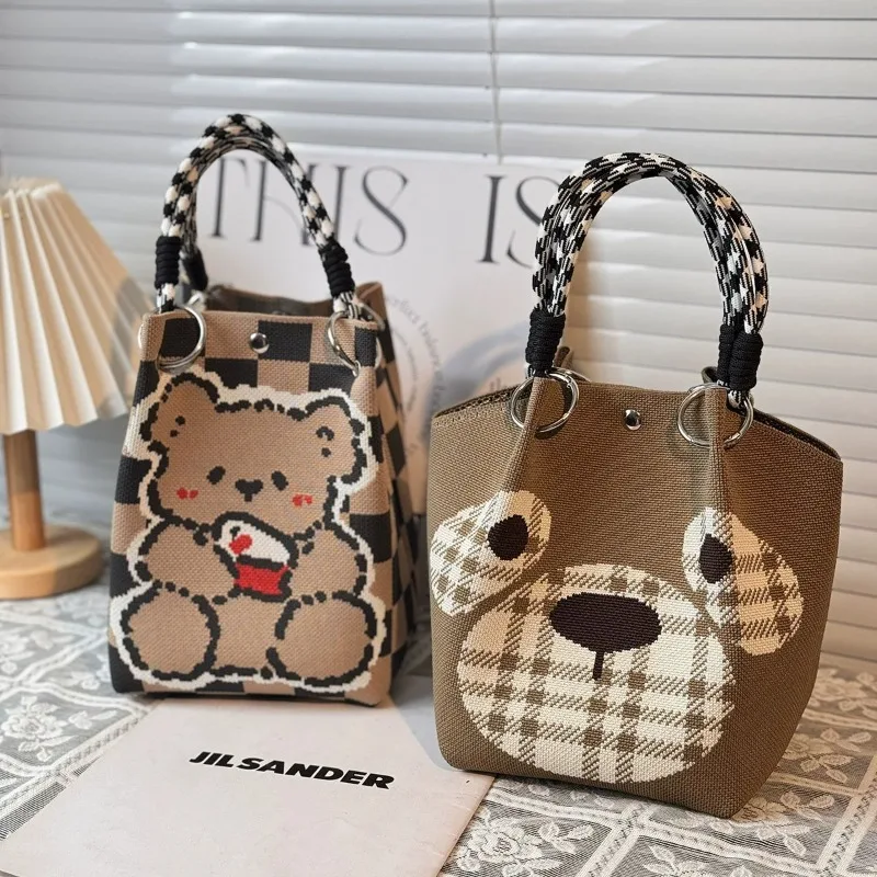

Cute Cartoon Knitted Bucket Bag for Women Large Capacity Tote Handbag Portable Square Purse Fashion Gift with Girls