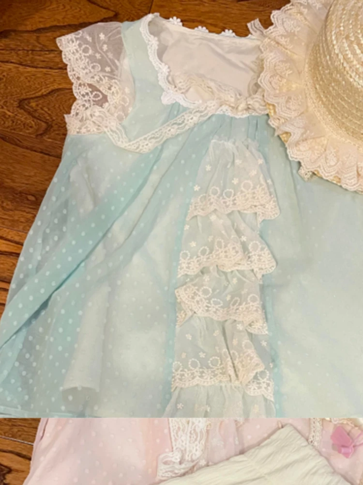 2025 الصيف الوردي الحلو الدانتيل المرقعة مجموعة المرأة تحلق كم أعلى + تنورة عالية الخصر دعوى الأميرة الجنية قطعتين مجموعة 2025