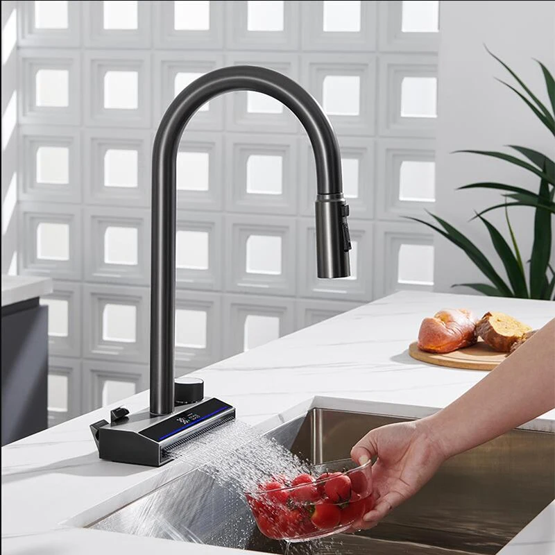 Flying Rain Waterfall Kitchen Pull Faucet, Full Copper, Piano Key Stage, Pia de único furo, quente e frio, Novo