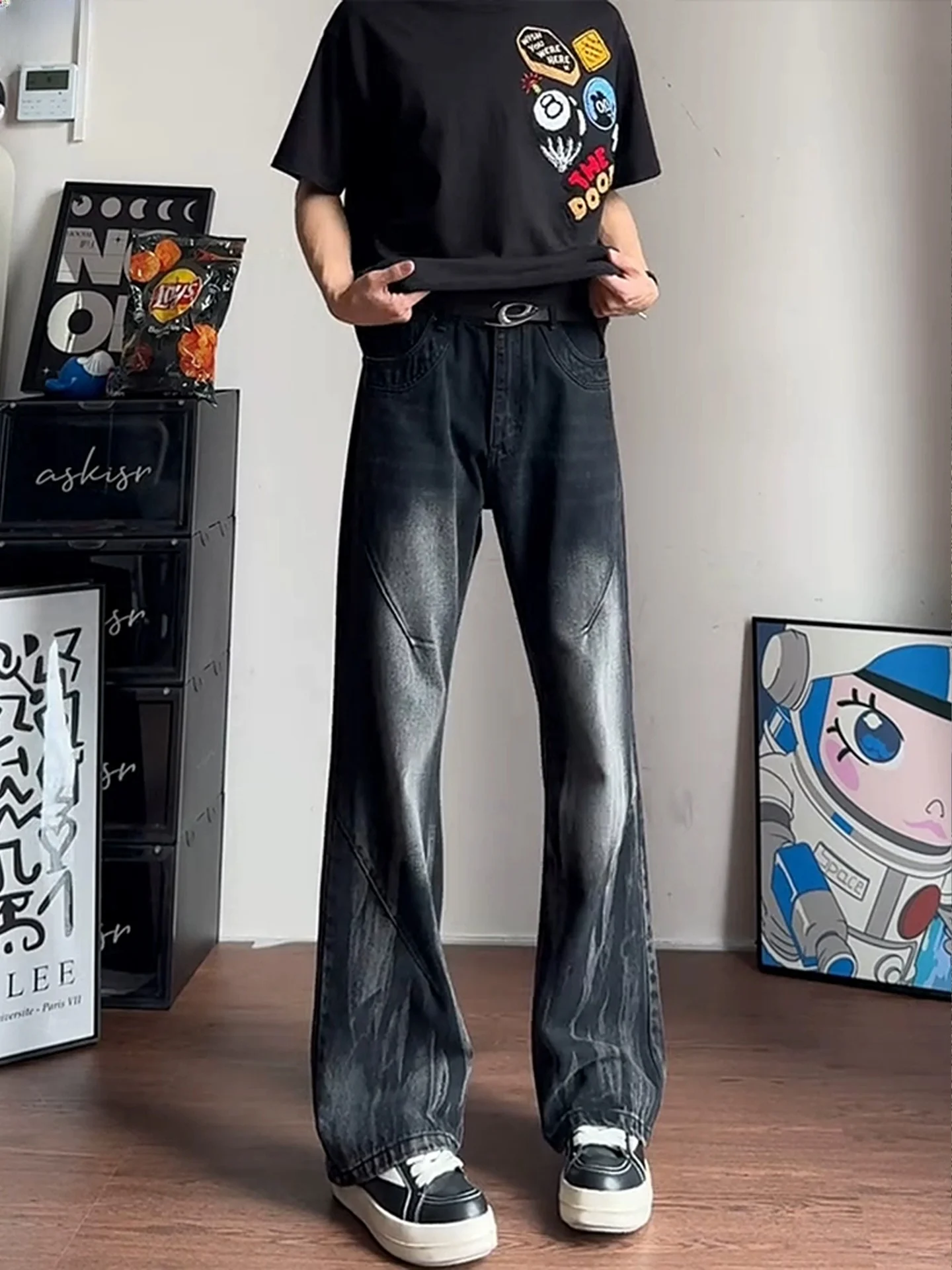 

Waed Tie Dye Men's Jeans High Street Sle Knife Straight Leg Micro Flared Pants Autumn Faion Youth Casual Wear