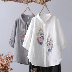 Summer Women White Embroidery 3/4 Sleeves Cotton Yarn Blouses Loose Lady Tops Female Clothes Japan Style Female Shirt