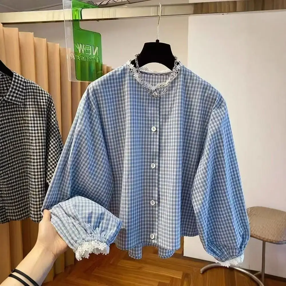 French Style Round Neck Plaid Shirt Long Sleeve Charming Women Shirts Gentle Retro Women Blouse