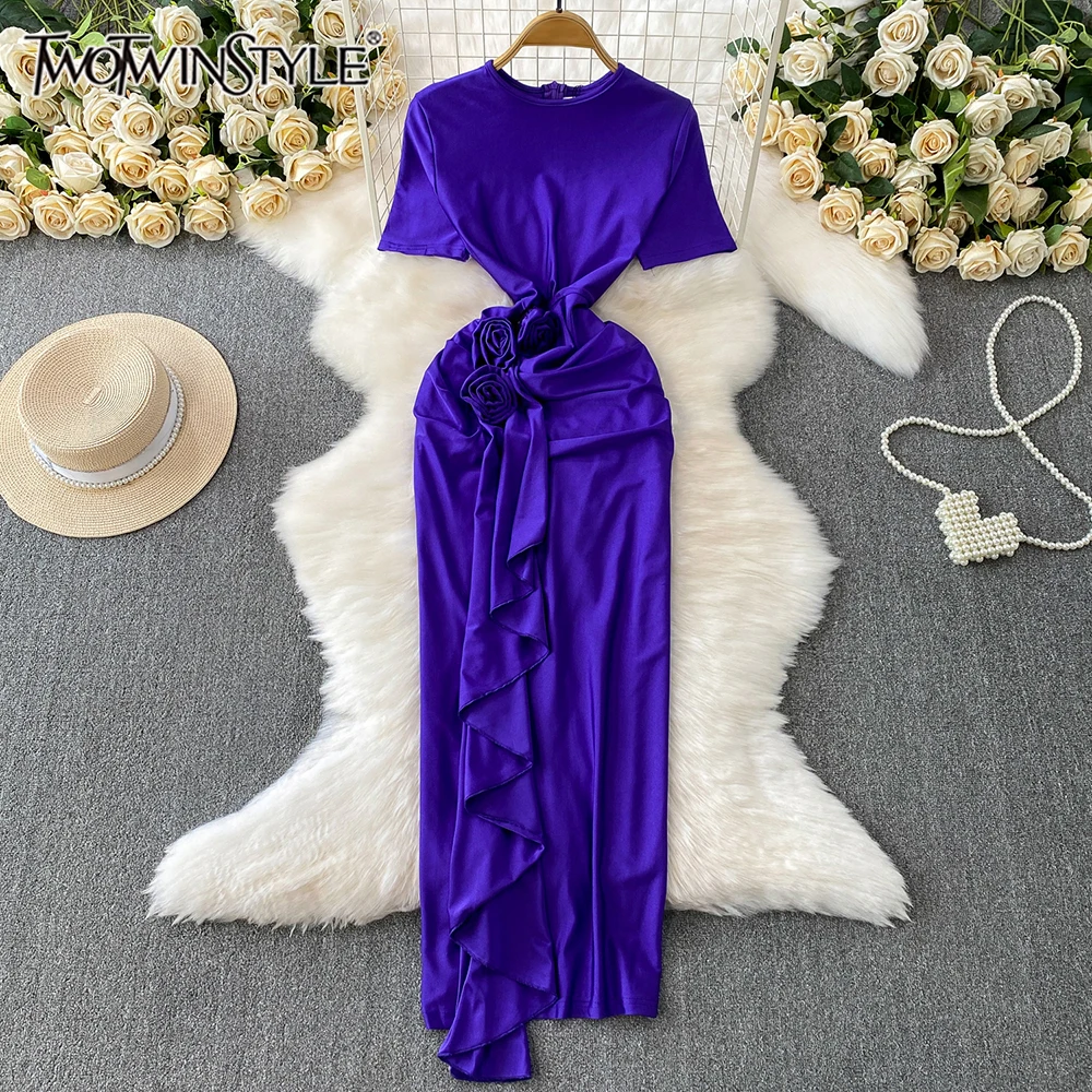 

TWOTWINSTYLE Sexy Slim Solid Dresses For Women Round Neck Short Sleeve High Waist Spliced Appliques Chic Dress Female KDR545448