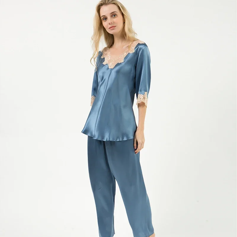 100% Real Silk Tee Top and Pants Pajamas Suit Lace Trim V Neck Sleepwear Solid Color Women's Loungewear Set Pajama Nightwear Pjs