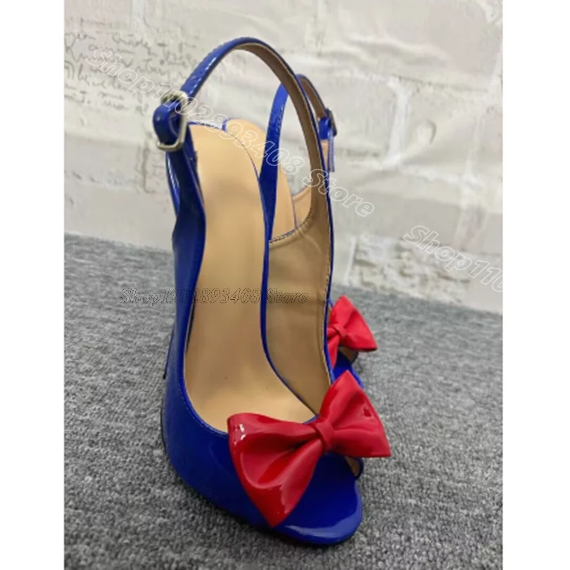 

Blue Bowknot Decor Elegant Sandals Peep Toe Patent Leather Sweet Style Women Ankle Buckle Dress Party Shoes Zapatos Para Mujere