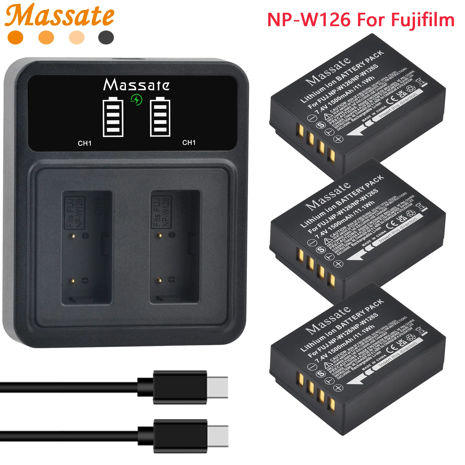 

Massate NP-W126 NPW126 NP-W126S Battery +Dual USB Charger for Fujifilm XT30II XM5 X100VI X100V XS10 XT30 XT20 XE4 A5 X-Pro1 XT1