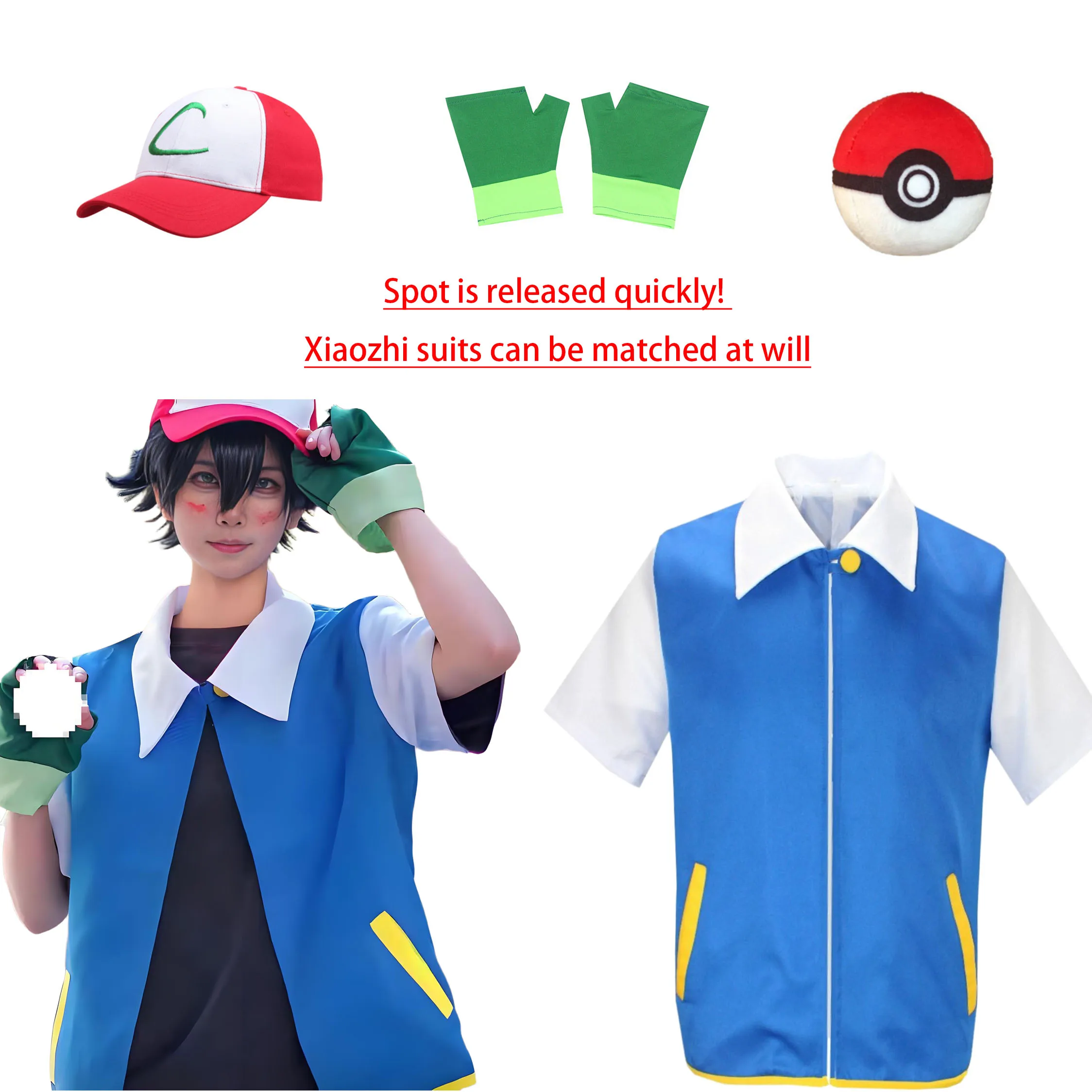 

Ash Ketchum Anime Cosplay Costume for Boys And Girls Blue Jacket Trainer Outfit with Cap And Gloves Set for Party Pokemon