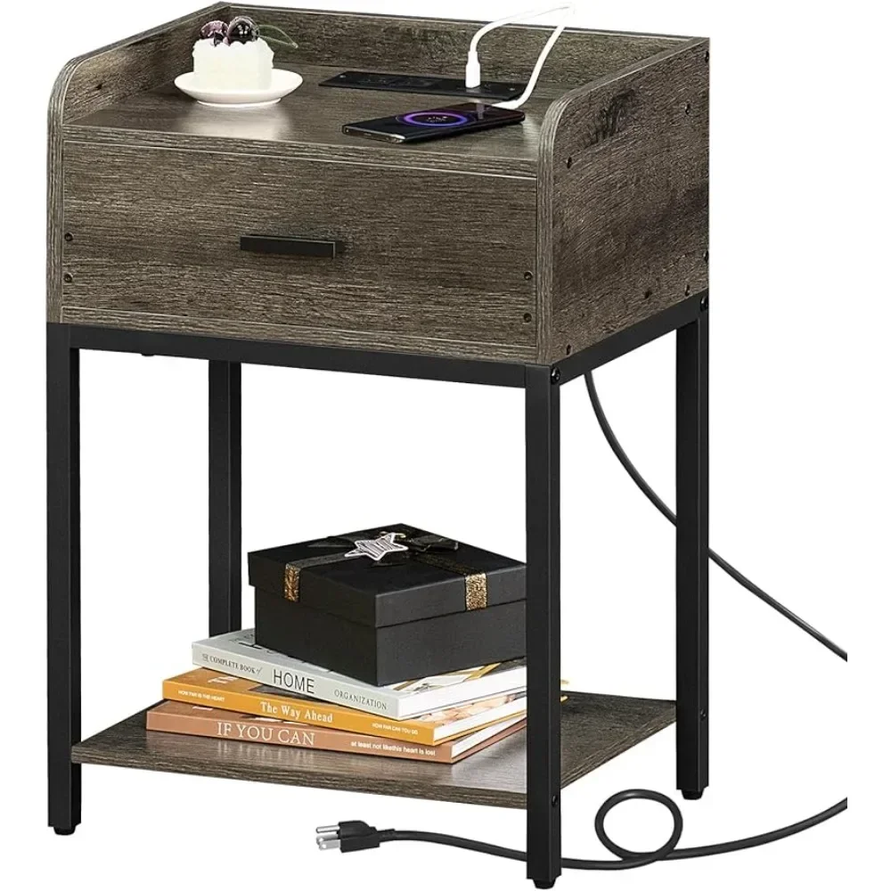 Nightstand 3-Tier Small End Side Table with Charging Station and USB Ports Storage Drawer