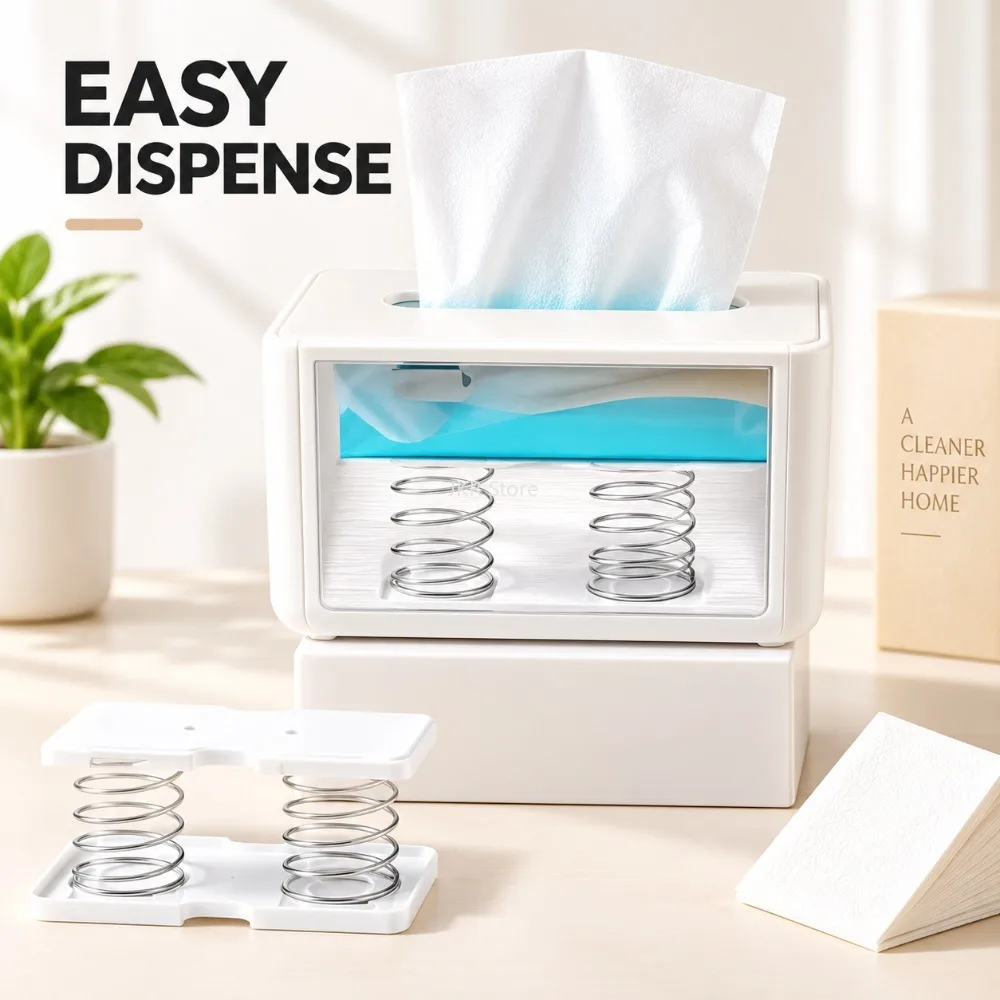 Automatic Tissue Holder Box Spring Loaded Dispenser for Home Office Kitchen Bathroom Living Room Tabletop Storage Organizer