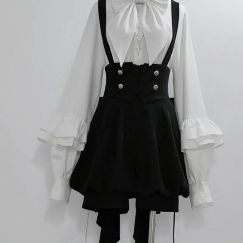 2026 صيف جديد قطعتين مجموعات خمر أنيقة التلبيب الرقبة طويلة الأكمام لوليتا قميص المرأة + Y2k عالية الخصر القوس حزام السراويل