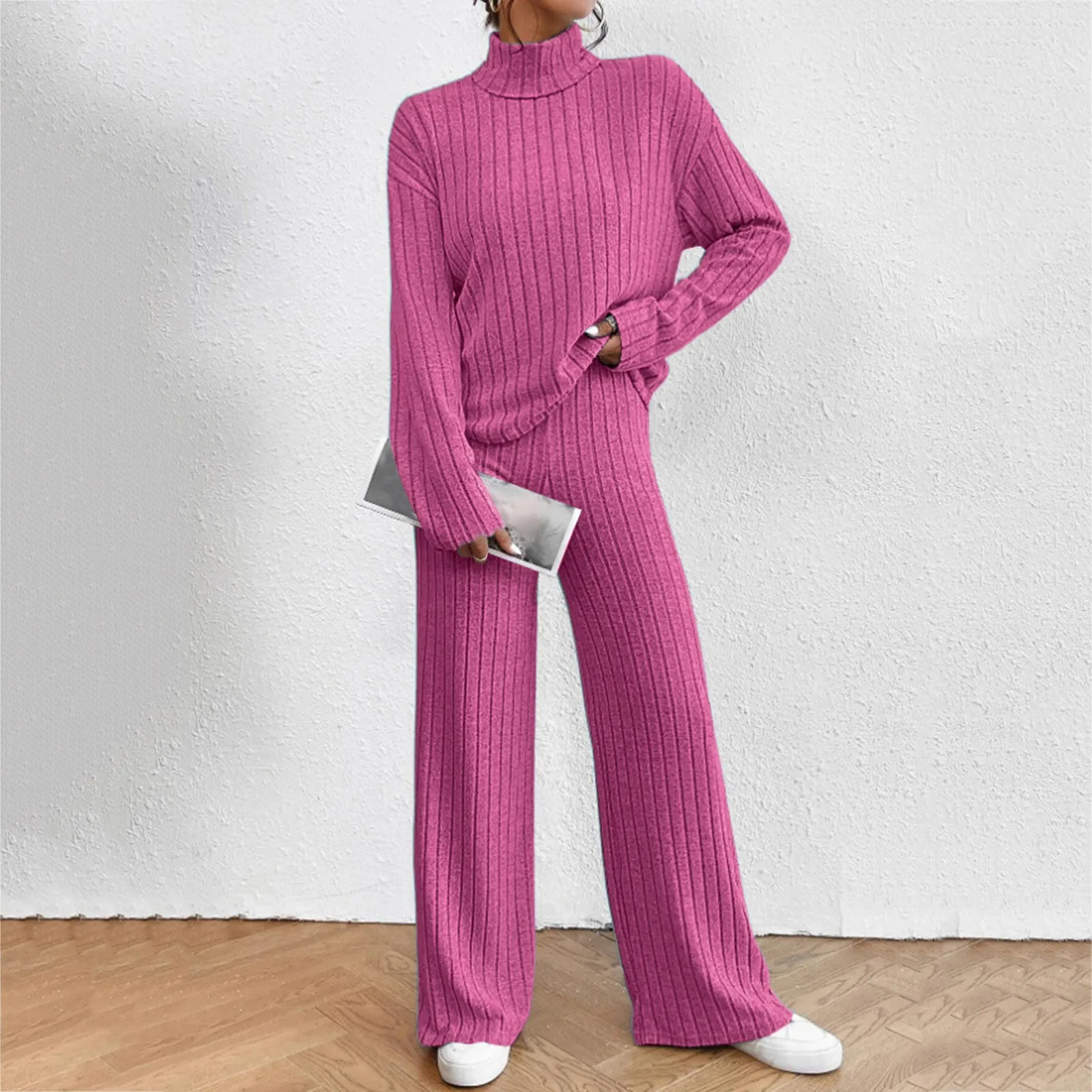 2024 Women\'S Two Piece Suits Knitted Matching Outfits High Neck Loose Tee And Pants Tracksuit Solid Color Autumn Sweater Sets