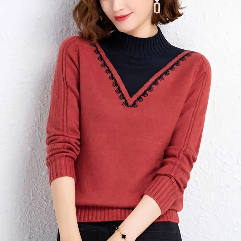 New Autumn Winter Fashion Trend Fake Two Piece Color Block Half High Neck Loose Versatile Warm Women\'s Knitted Sweater