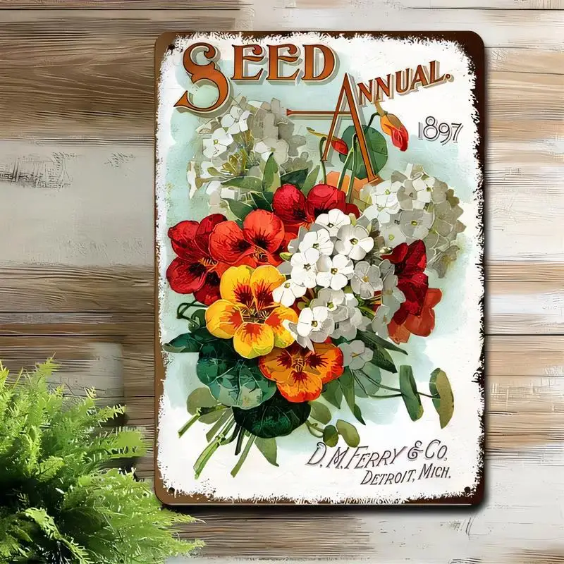 Vintage 1897 Seed Annual Floral Metal Tin Sign - Retro Flower Wall Art, Iron Decor for Home/Garden/Kitchen/Cafe, Vibrant Red/Yel