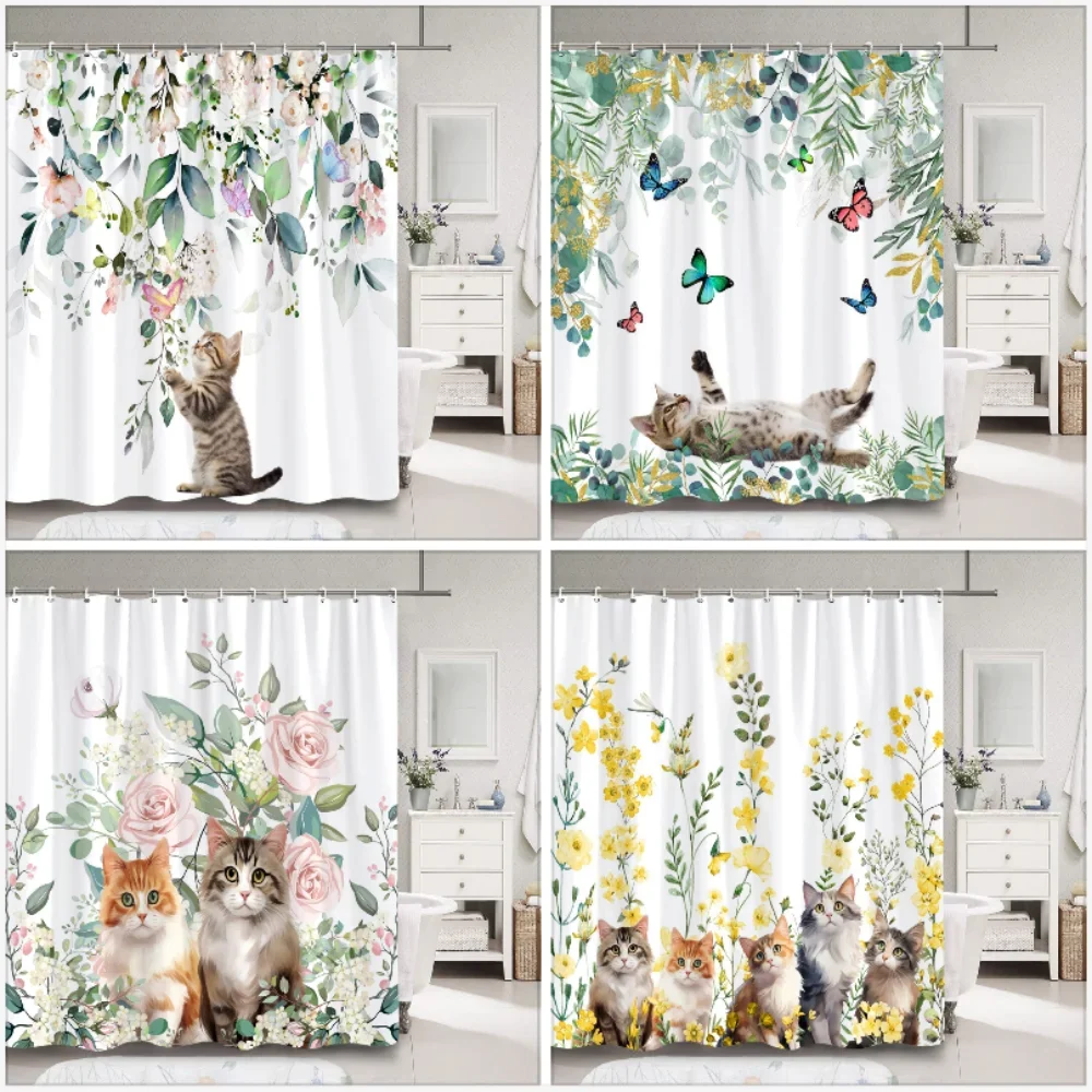 

Funny Cat In Flower Shower Curtain Green Eucalyptus Leaves Floral Butterflies Cartoon Animals Kids Shower Curtain Bathroom Decor