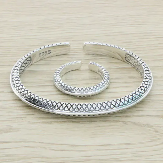 

S925 Sterling Silver Dragon Pattern Dragon Scale Open Bracelet with a Width of 8.5m for Men and Women Retro Ethnic Style Bracele