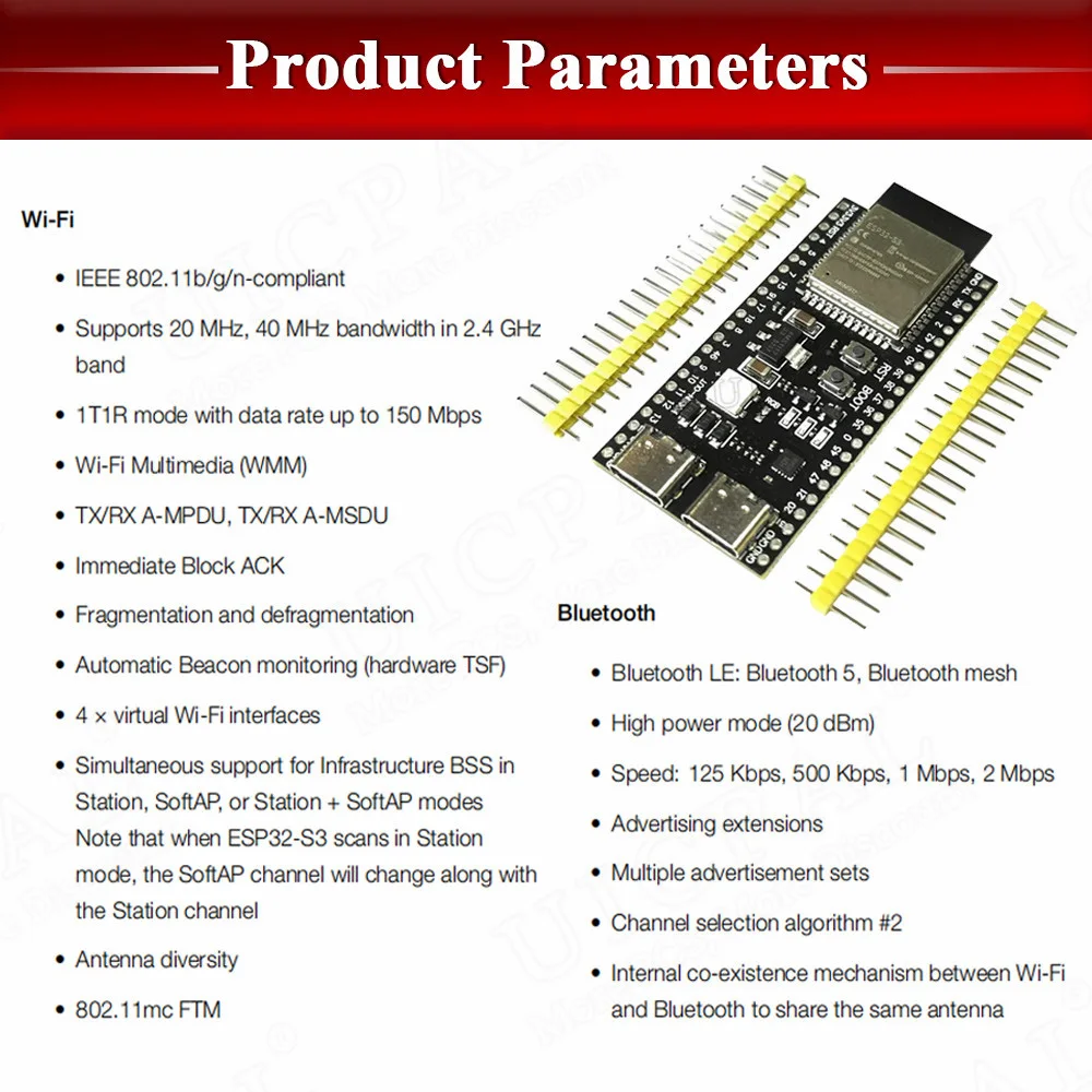 Placa de desarrollo ESP32-S3, módulo Wifi 2,4G para Arduino ESP IDF ESP32-S3WROOM1 N8R2 N16R8 44 pines tipo C 8M PSRAM ESP32 S3