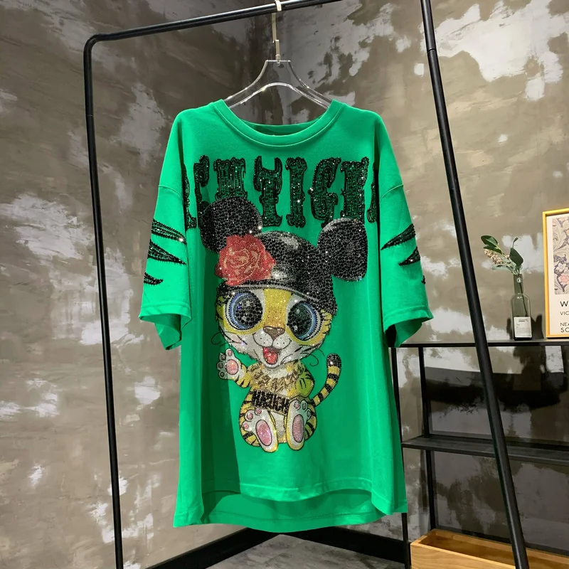 Women 2023 New Summer Clothes Green Short Sleeve T-shirt Oversized Pullover Top Hot Drilling Cartoon Wings Trendy Streetwear Tee