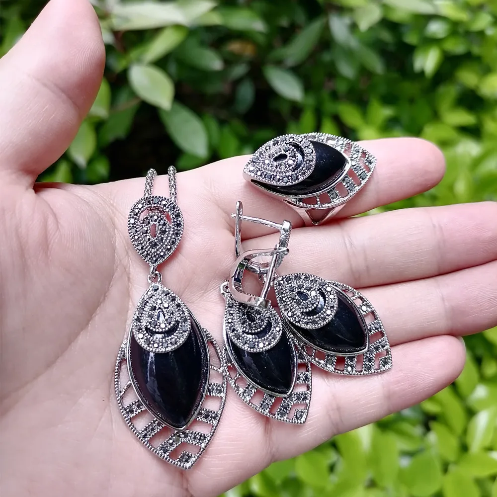 Ajojewel 3 Colors Retro Stone Jewelry Sets For Women Geometric Pendant Necklace Ring Earrings With Black CZ