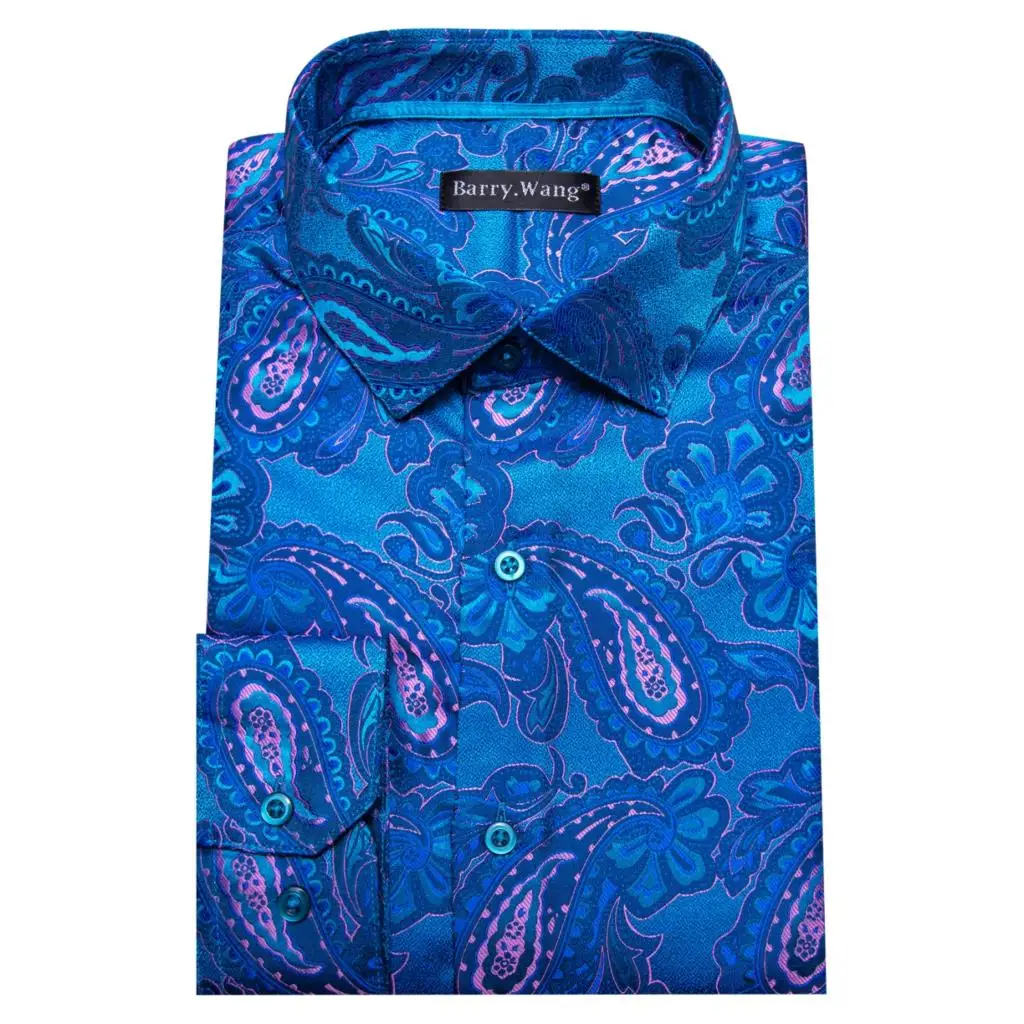 Luxury Blue Shirts for Men Silk Embroidered Paisley Flower Long Sleeve Slim FIT Male Blouses Casual Tops Lapel Cloth Barry Wang