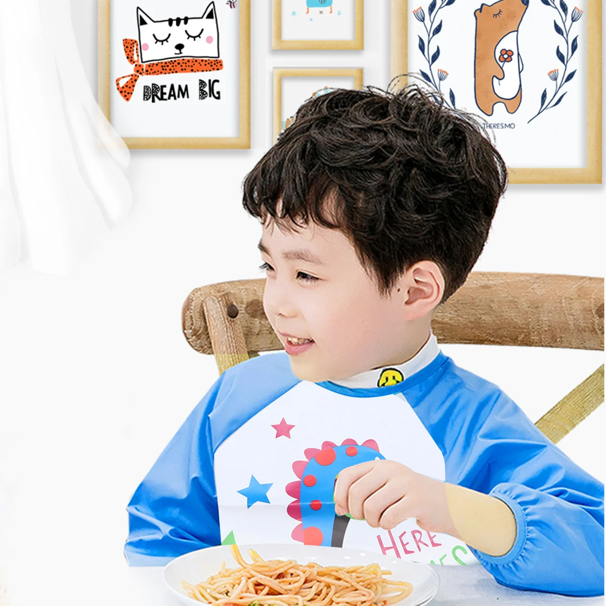 만화 프린팅 긴 소매 방수 페인팅 앞치마 하늘색 세탁 가능 어린이용 스목