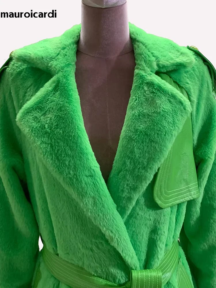 Mauroicardi Autumn Winter Green Warm Soft Fluffy Pu Leather Patchwork Faux Fur Coat Women Sashes Floor Length Fake Fur Overcoat